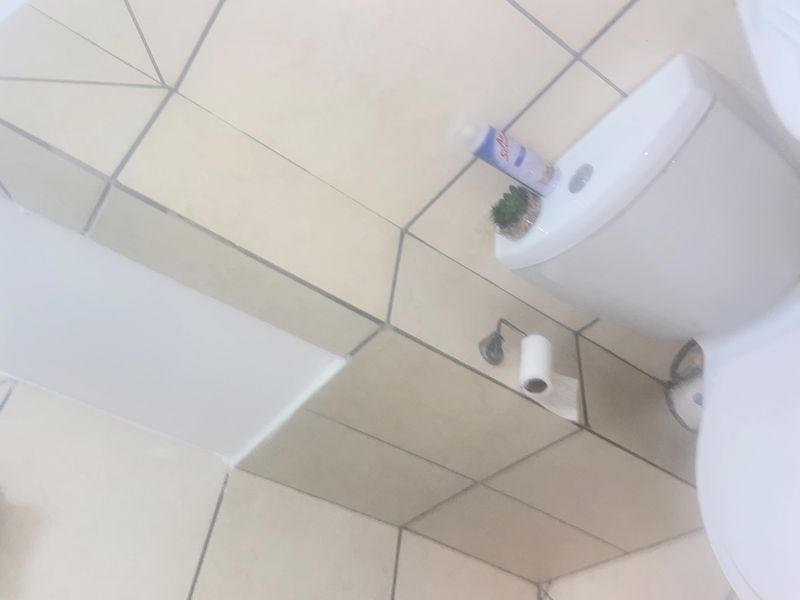 A close-up view of a bathroom featuring a standard toilet and tiled wall finishes.