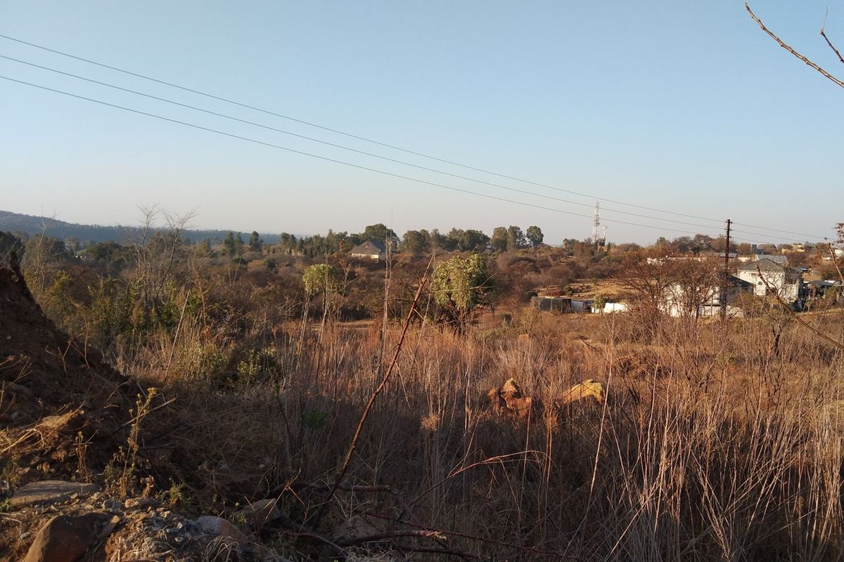 A view of the vacant residential land featuring natural vegetation and surrounding landscape with overhead power lines visible.