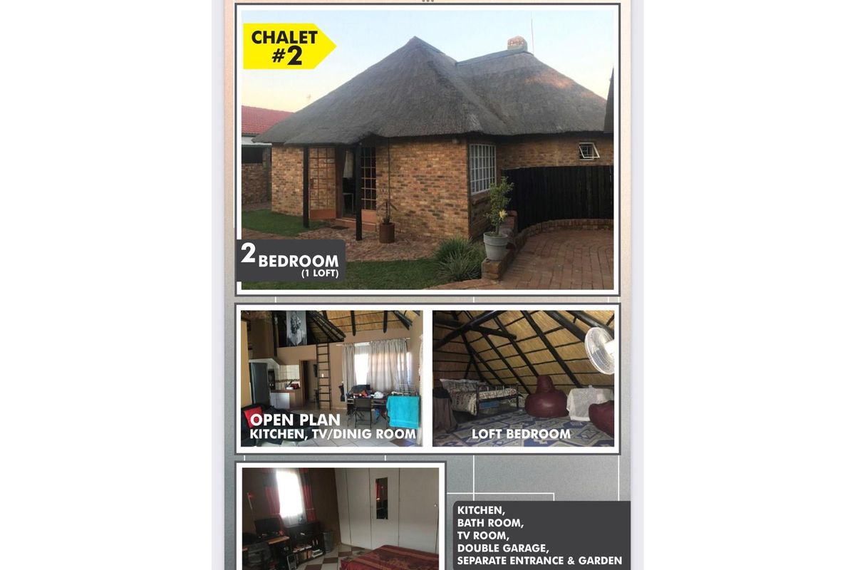 A multi-view collage showcasing a brick-built chalet with a thatched roof, featuring an open-plan living area, loft bedroom, and surrounding garden space.