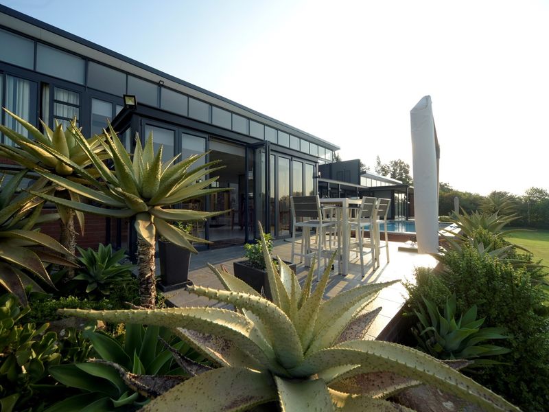 A modern rear exterior featuring a tiled patio, swimming pool, and expansive bi-fold glass doors connecting the indoor and outdoor living spaces.