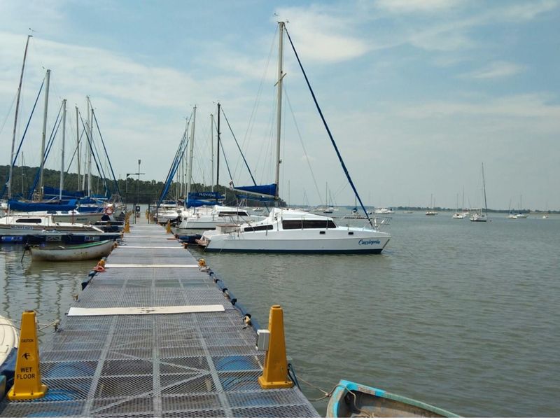 A view of a floating jetty at a marina with multiple sailboats moored in the water.