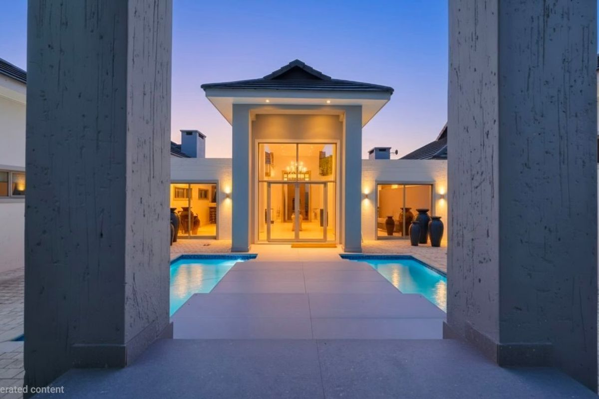 A stunning rear exterior view featuring a central swimming pool, paved walkway, and a grand glass entrance framed by modern architectural pillars.