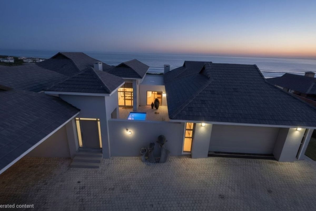 Aerial view of a modern coastal residence at dusk, featuring a paved driveway, integrated garage, and a central courtyard with a swimming pool.