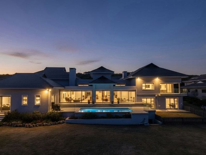 Stunning rear elevation of a modern luxury residence featuring a swimming pool, expansive glass sliding doors, and well-maintained outdoor lighting at dusk.