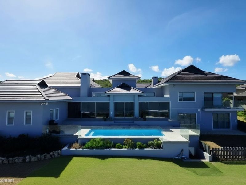 Aerial view of the rear elevation featuring a modern house with a swimming pool, glass balustrades, and a well-maintained lawn.