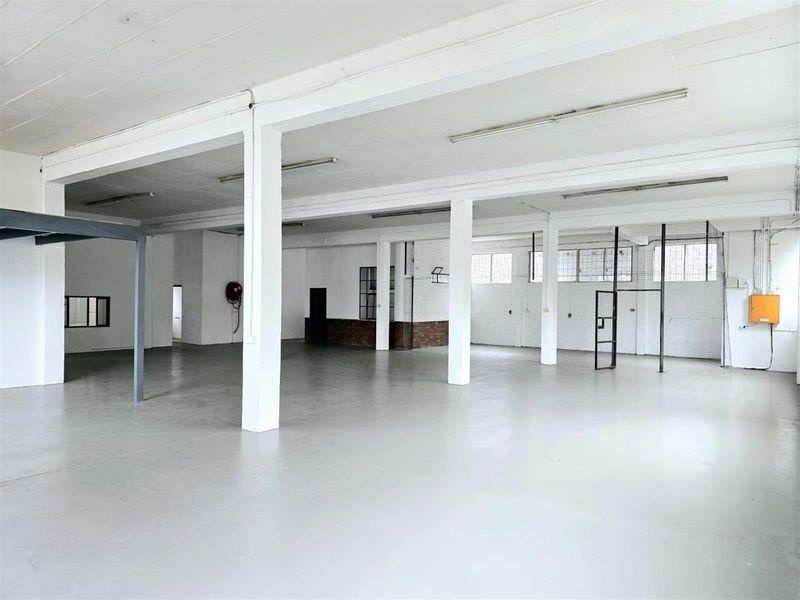 Spacious open-plan industrial warehouse area featuring high ceilings, structural columns, durable flooring, and integrated security mesh partitioning.