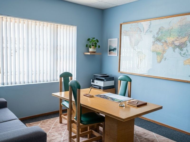 A functional home office space featuring neutral carpet flooring and vertical window blinds, providing a quiet and professional environment for work.