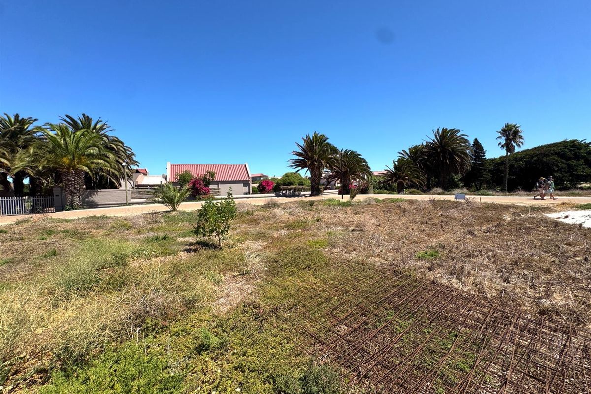 A vacant residential plot featuring natural vegetation, palm trees, and surrounding residential development in a coastal or estate setting.