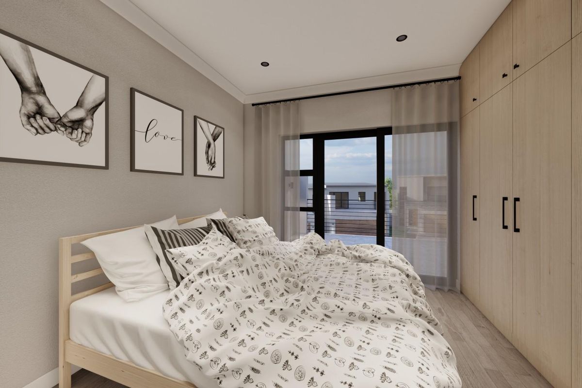 A modern bedroom featuring light wood-toned built-in wardrobes, recessed downlighting, and a sliding glass door providing access to an outdoor area.