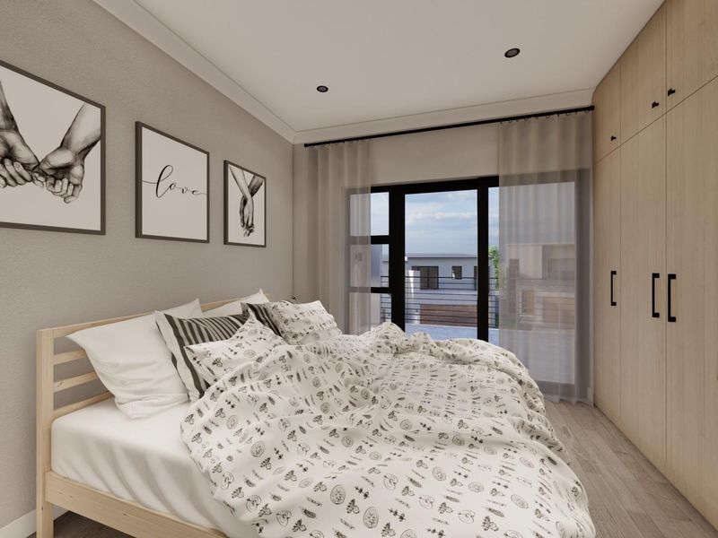 A modern bedroom featuring light wood-toned built-in wardrobes, recessed downlighting, and a sliding glass door providing access to an outdoor area.