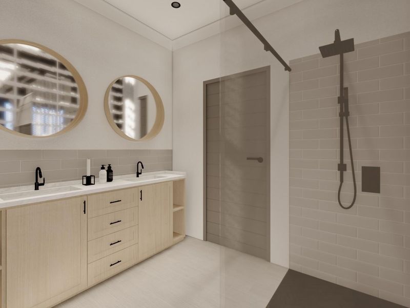 Modern bathroom featuring a double vanity with light wood cabinetry, subway tile backsplash, and a spacious walk-in shower with contemporary fixtures.