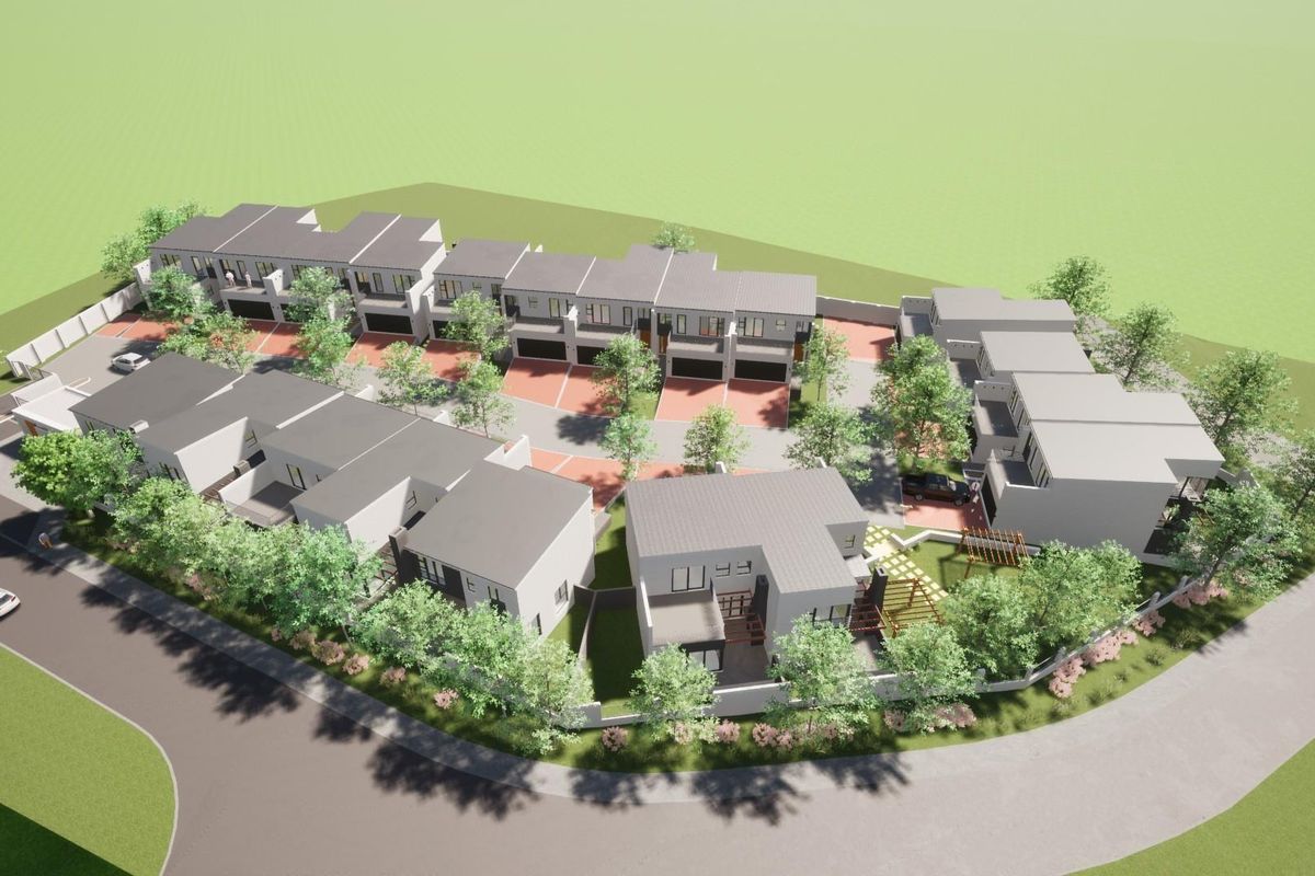 An aerial 3D architectural rendering of a modern residential housing complex featuring multiple units, paved driveways, and landscaped communal areas.