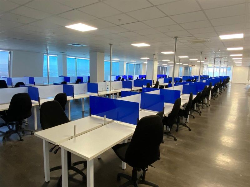 Open-plan office space featuring rows of workstations with blue privacy screens, suspended ceiling tiles, and recessed lighting.