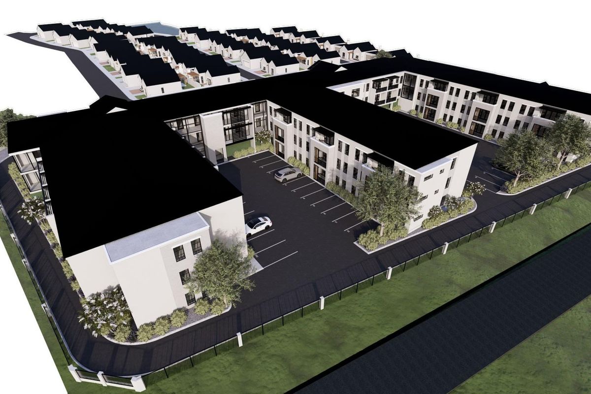An aerial 3D architectural render of a retirement village complex featuring multi-story residential buildings, paved parking areas, and landscaped grounds.