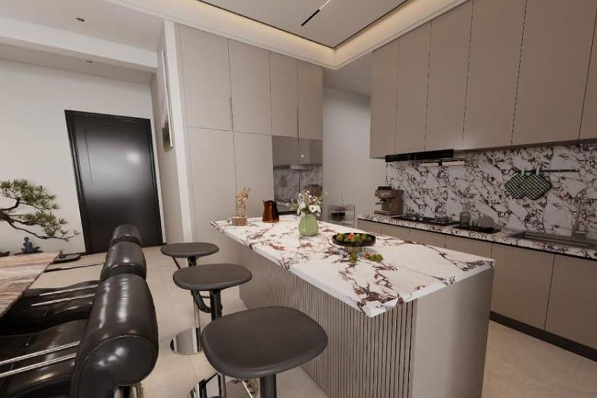 Modern kitchen featuring a marble-topped island, sleek integrated cabinetry, marble backsplash, and sophisticated recessed ceiling lighting in a contemporary open-plan layout.
