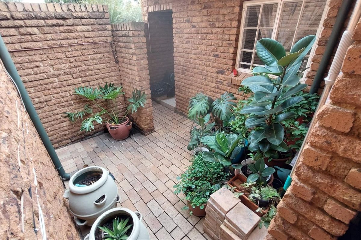 A private, enclosed brick-walled courtyard featuring paved flooring and a timber-framed window, providing a secluded outdoor space.