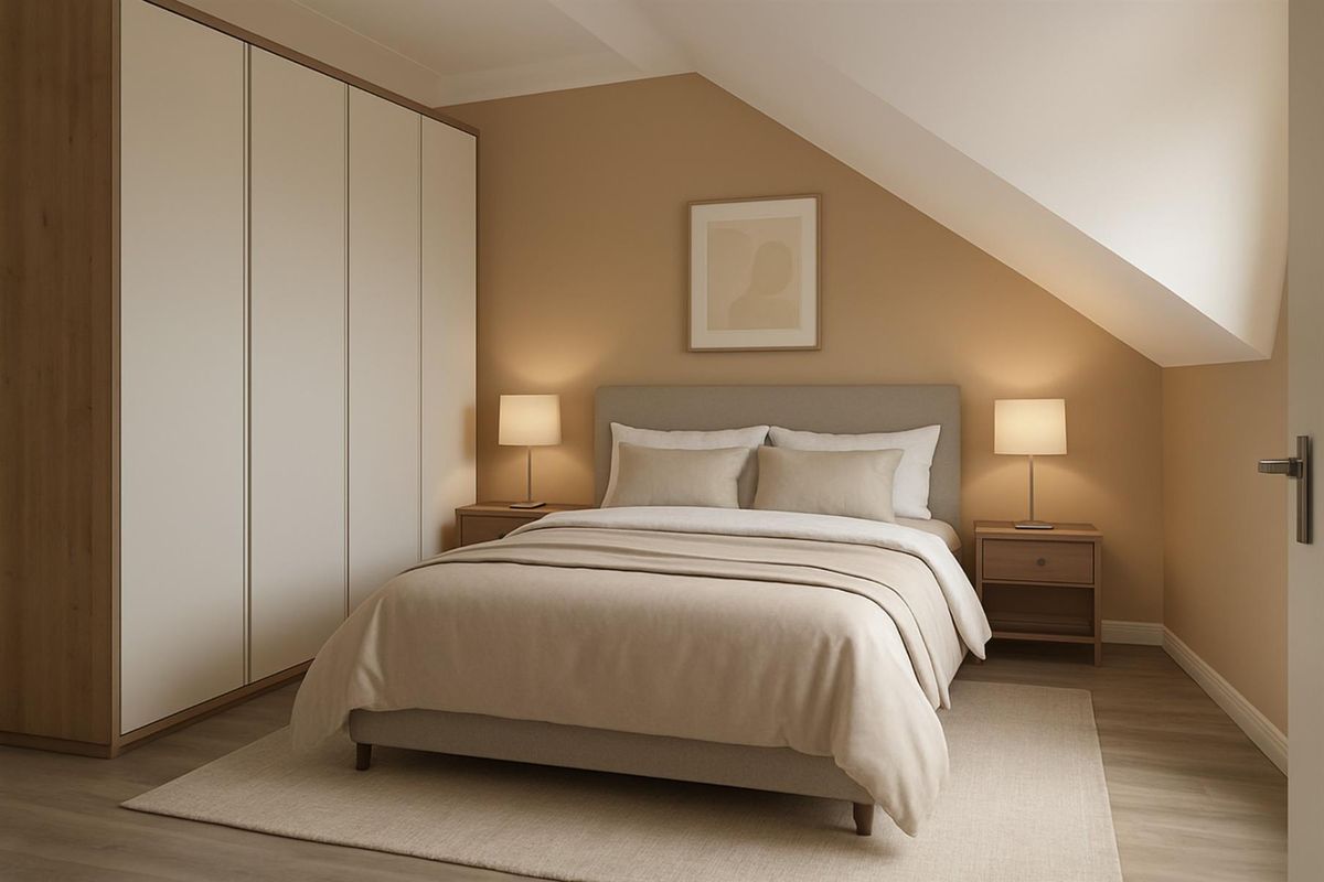 A modern, well-lit bedroom featuring built-in floor-to-ceiling wardrobes and a sloped ceiling, creating a cozy and functional living space.