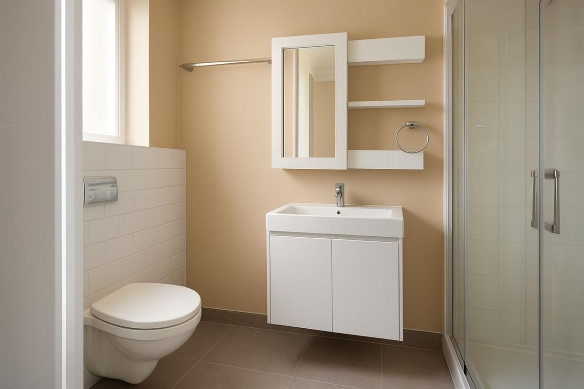 Modern bathroom featuring a wall-mounted vanity with integrated basin, a wall-hung toilet with concealed cistern, and a glass-enclosed shower unit.