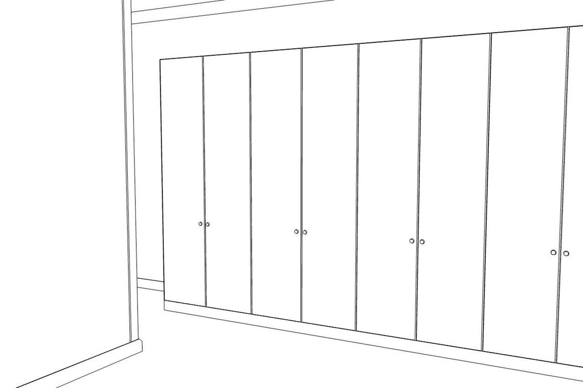 A digital architectural rendering showing a wall of built-in cabinetry or wardrobe storage.