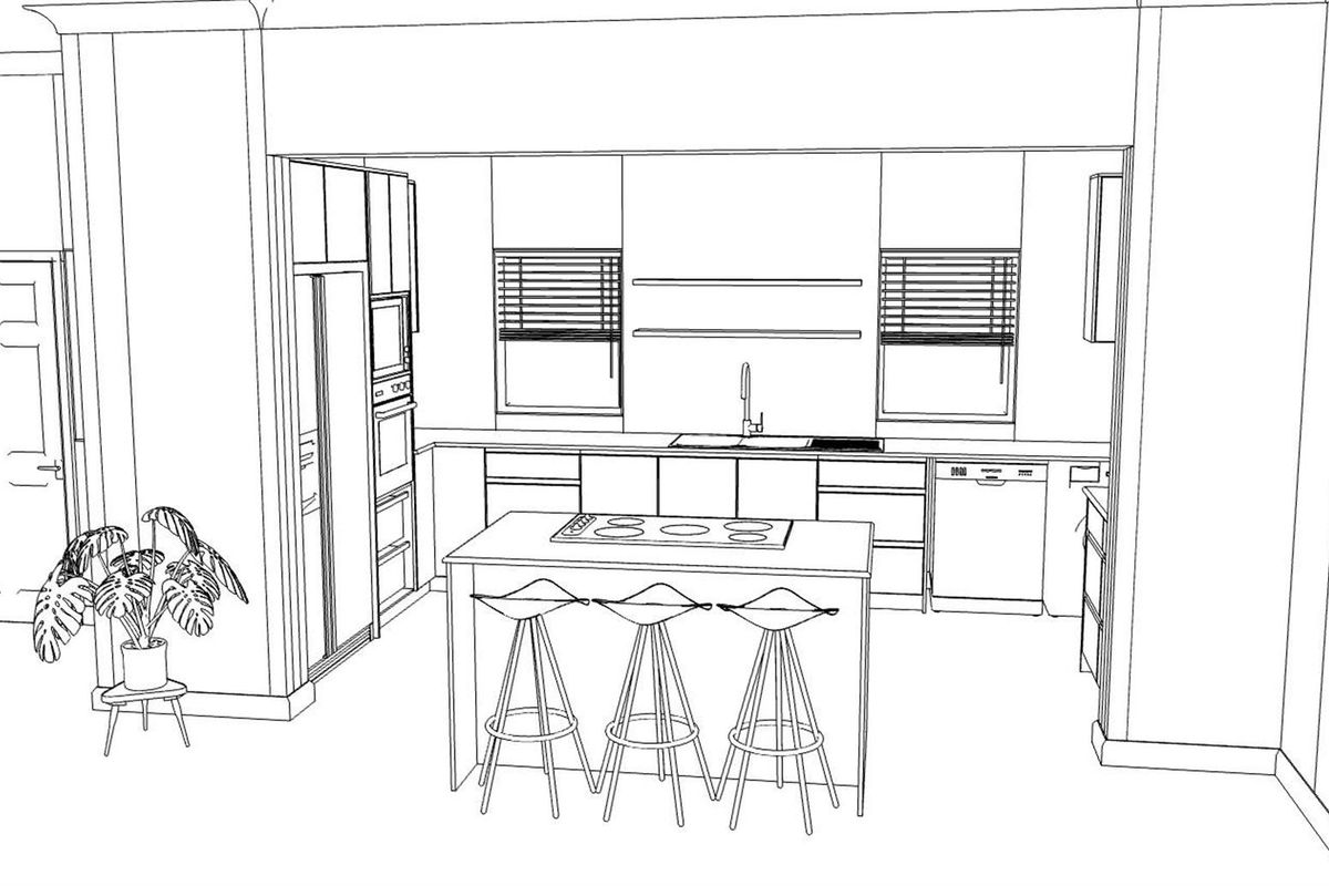 A digital architectural sketch of a modern kitchen featuring a central island, built-in cabinetry, and integrated appliances.