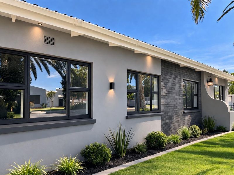A well-maintained rear exterior elevation featuring modern dark-framed windows, a brick feature wall, and integrated exterior lighting set against a manicured lawn.