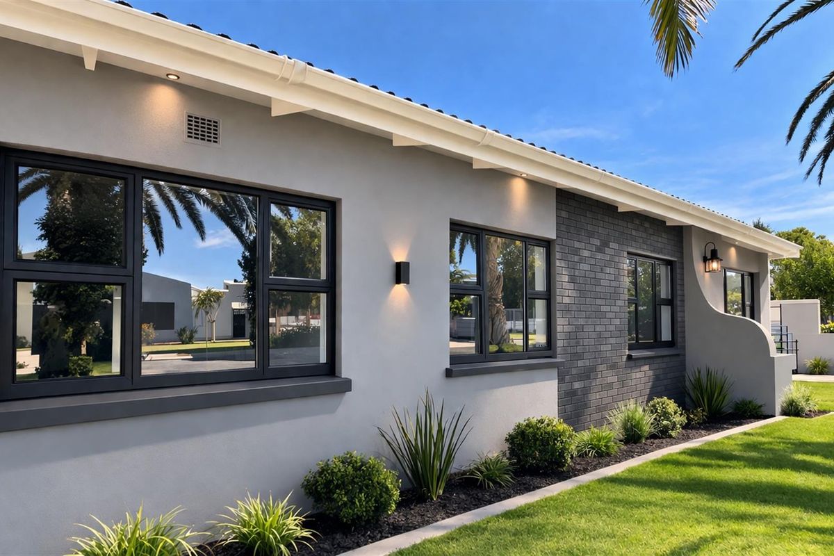 A well-maintained rear exterior elevation featuring modern dark-framed windows, a brick feature wall, and integrated exterior lighting set against a manicured lawn.