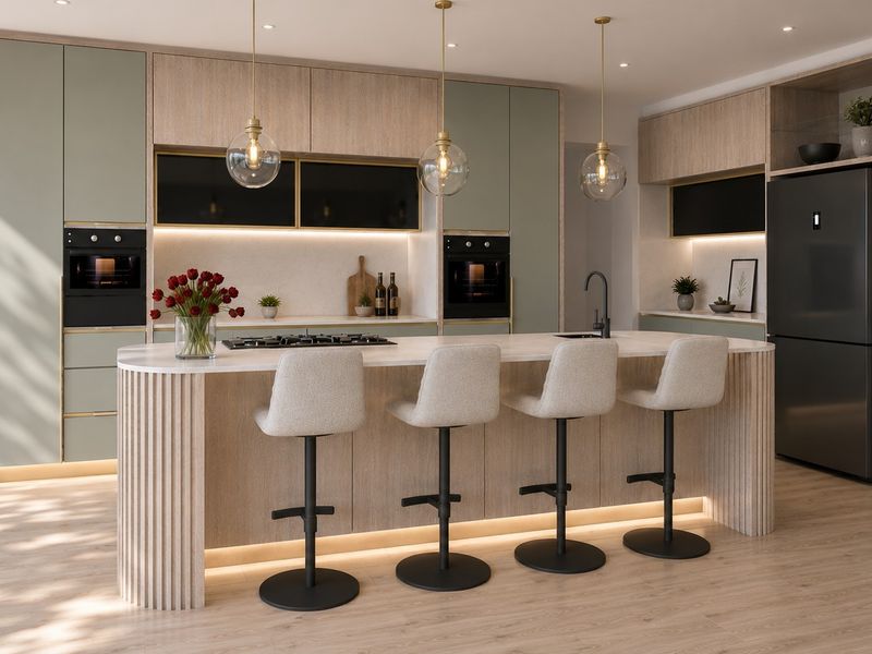 Modern kitchen featuring integrated cabinetry, a central island with stone countertop, built-in ovens, gas cooktop, and elegant pendant lighting.