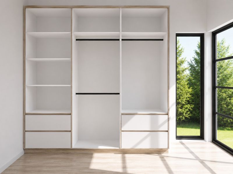 A modern bedroom featuring a large, empty built-in wardrobe with shelving and hanging rails, complemented by light timber flooring and large garden-view windows.
