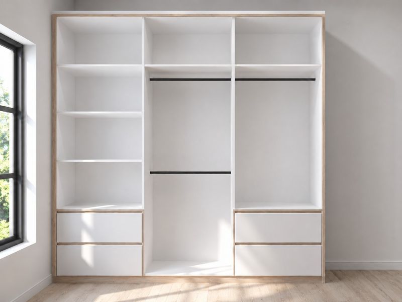 A modern, empty bedroom featuring a large, custom-built white wardrobe with integrated shelving, hanging rails, and drawers, complemented by light timber flooring.