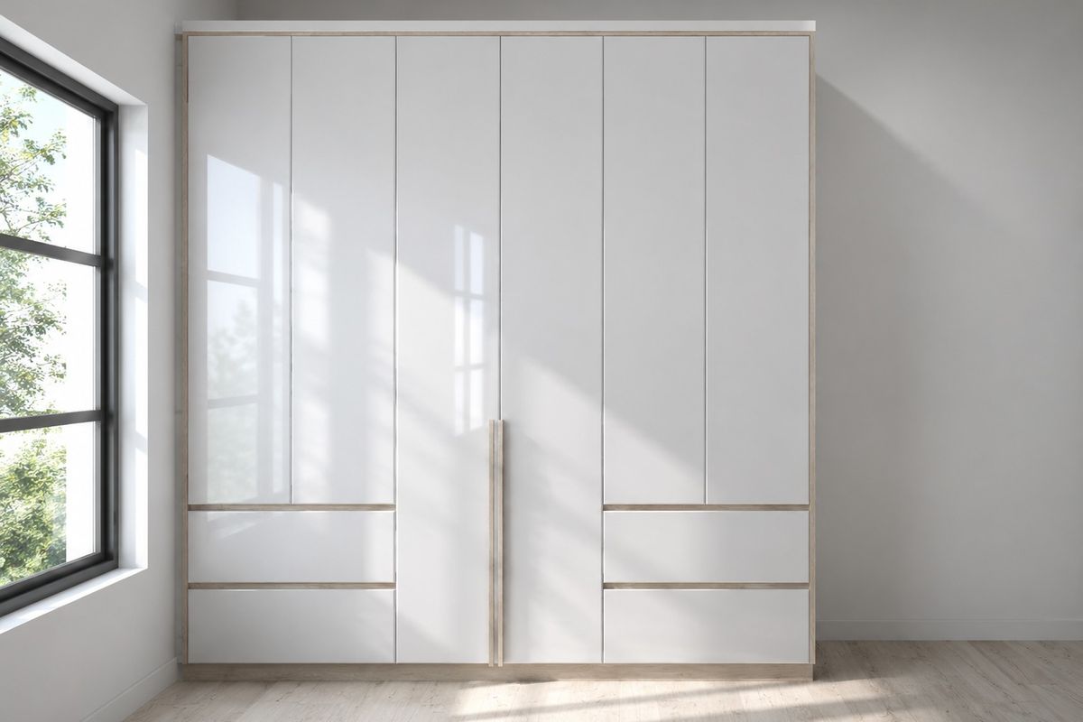 A bright bedroom featuring a modern, floor-to-ceiling white built-in wardrobe with integrated drawers and a large timber-framed window.