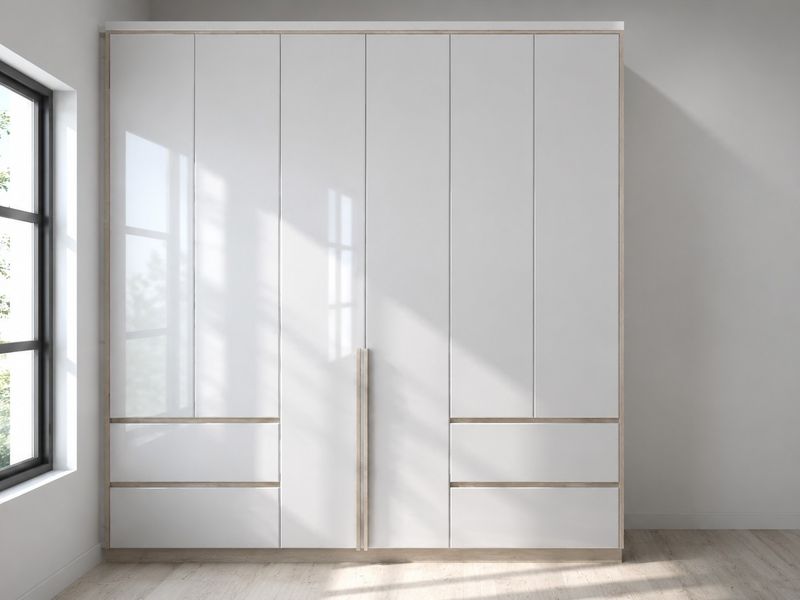 A bright bedroom featuring a modern, floor-to-ceiling white built-in wardrobe with integrated drawers and a large timber-framed window.