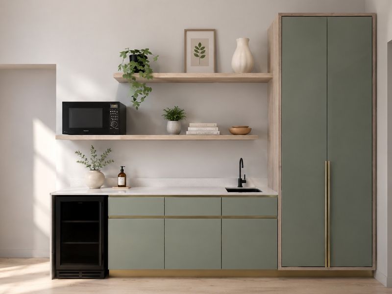 A modern, well-appointed kitchenette featuring sage green cabinetry, timber shelving, stone countertops, and integrated appliances including a wine cooler and microwave.