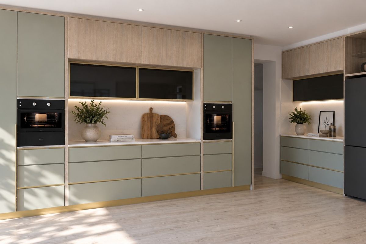 Modern kitchen featuring sage green and wood-tone cabinetry, integrated ovens, stone countertops, and sleek gold-toned hardware accents.