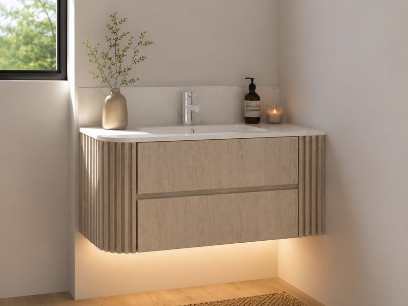 Modern bathroom featuring a wall-mounted vanity with fluted wood detailing, stone countertop, integrated basin, and ambient under-cabinet LED lighting.