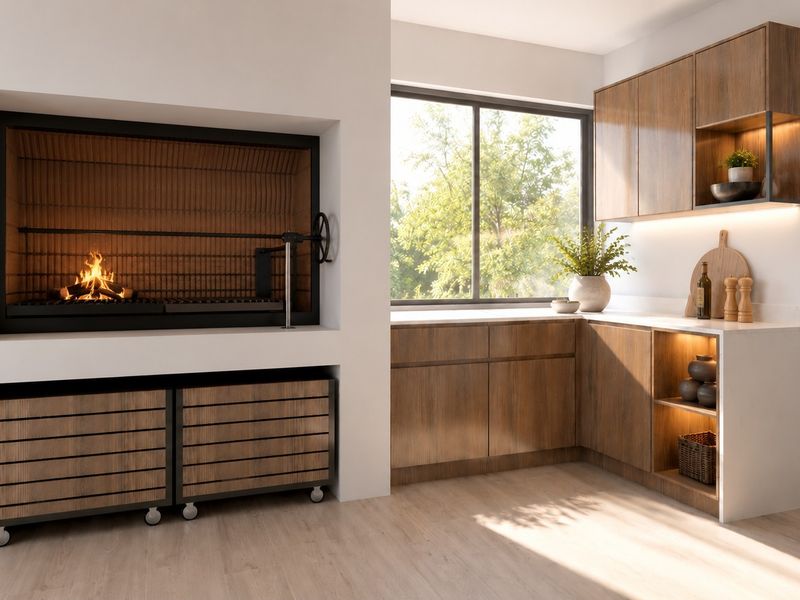 Modern kitchen featuring high-end wood cabinetry, stone countertops, integrated under-cabinet lighting, and a built-in indoor braai fireplace.