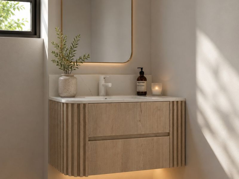 A modern, minimalist bathroom vanity featuring a wall-mounted timber-look cabinet, stone countertop, integrated sink, and elegant backlit mirror.