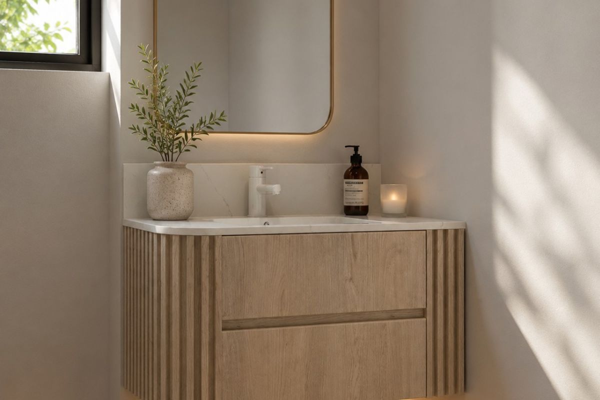 A modern, minimalist bathroom vanity featuring a wall-mounted timber-look cabinet, stone countertop, integrated sink, and elegant backlit mirror.
