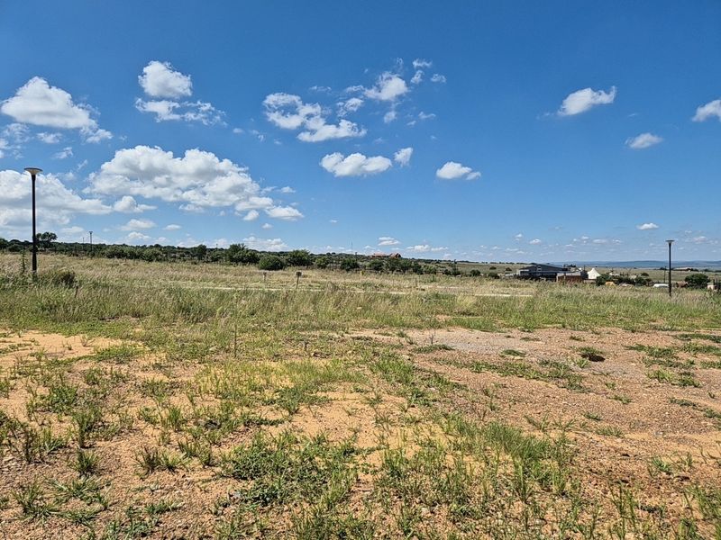 A vacant residential plot featuring natural grass and scrubland with existing street lighting infrastructure under a clear blue sky.