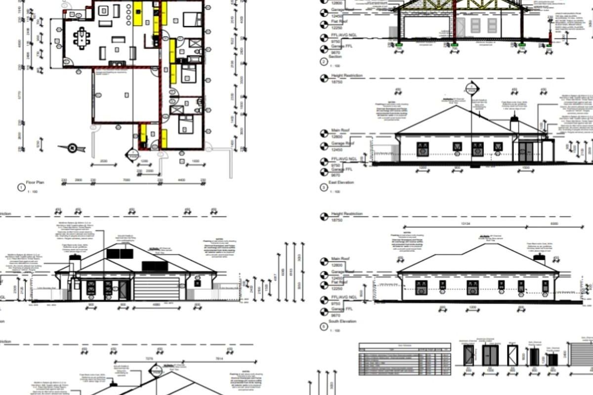 Architectural floor plan and elevation drawings detailing the layout, roof structure, and exterior facade dimensions of the property.