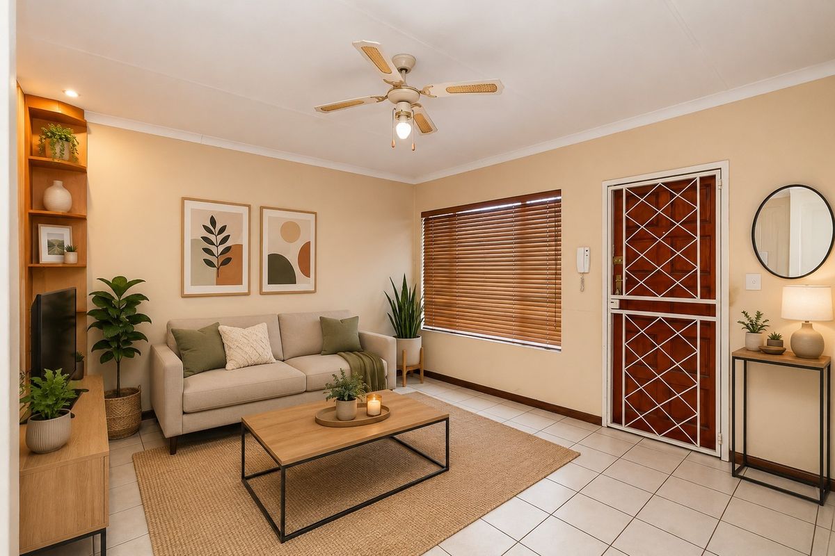 A well-lit living room featuring tiled flooring, a ceiling fan, built-in shelving, and a secure entrance door with a security gate.