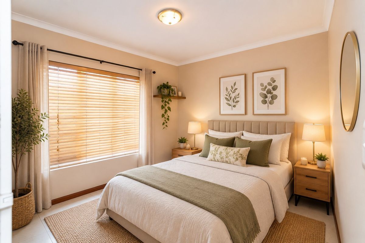 A well-lit bedroom featuring neutral wall tones, tiled flooring, and a large window with fitted wooden blinds.