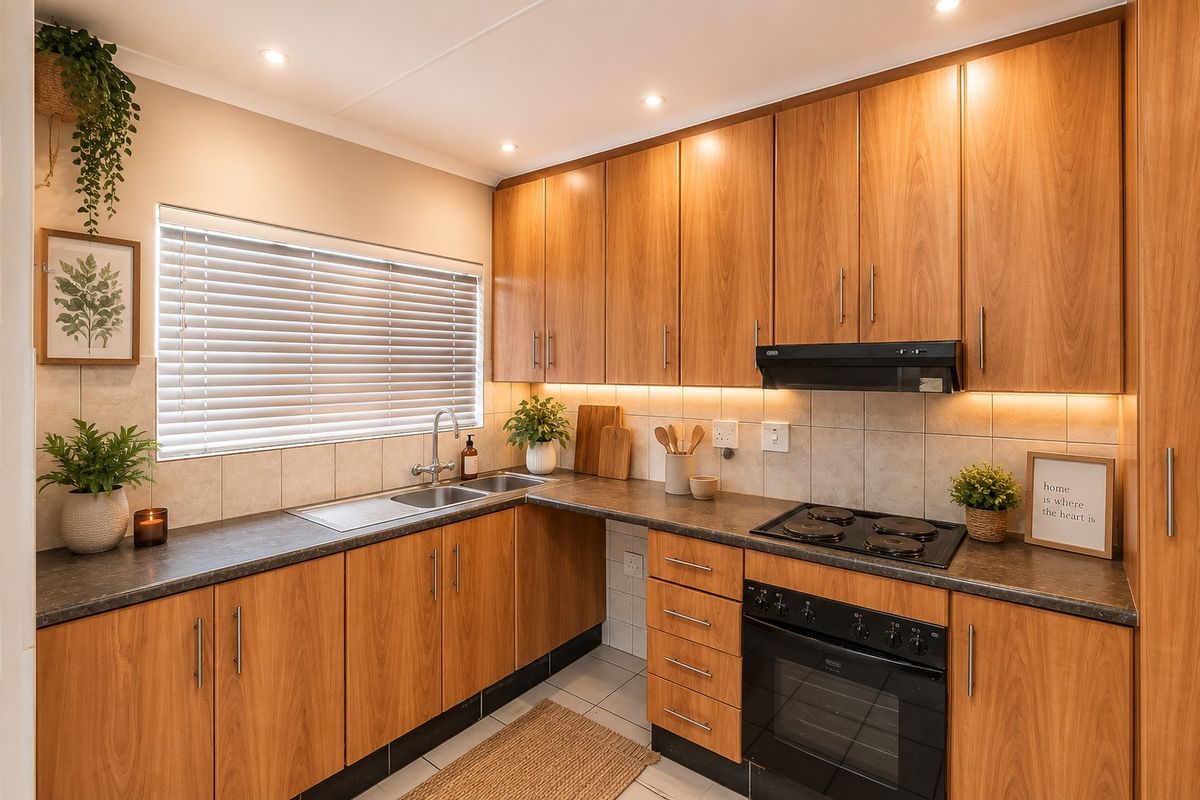 A well-maintained kitchen featuring wood-finish cabinetry, dark countertops, a built-in oven, electric hob, extractor fan, and a double sink with tiled backsplash.