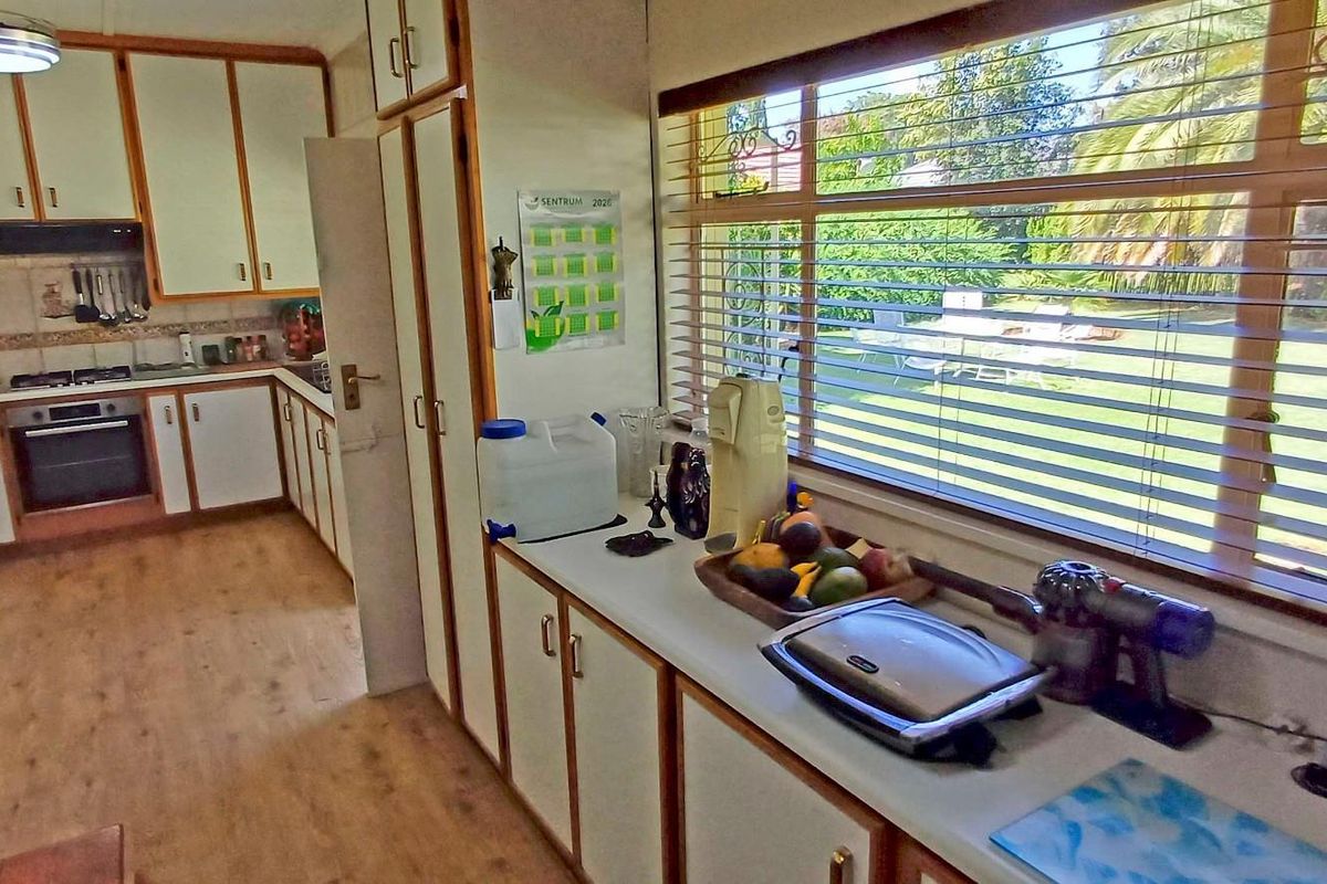 A functional kitchen featuring built-in cabinetry, a gas hob, and an integrated oven, with large windows providing natural light and garden views.