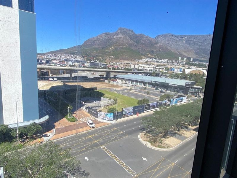 Elevated view overlooking the surrounding commercial district, street infrastructure, and mountain landscape.