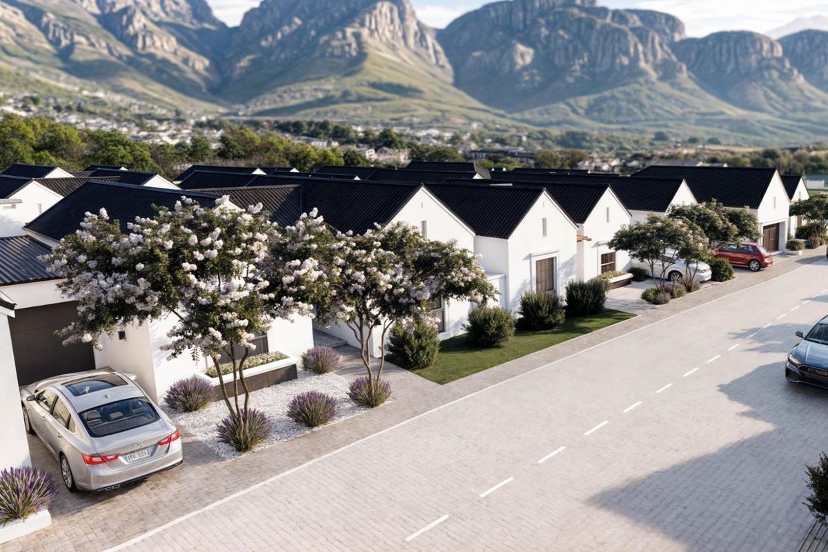 An aerial view of a modern retirement village featuring white facades, dark pitched roofs, and landscaped gardens set against a mountain backdrop.