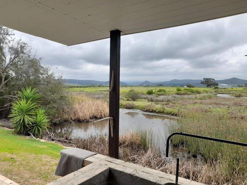 A covered patio area featuring a built-in masonry counter and expansive views over the natural wetland and surrounding landscape.