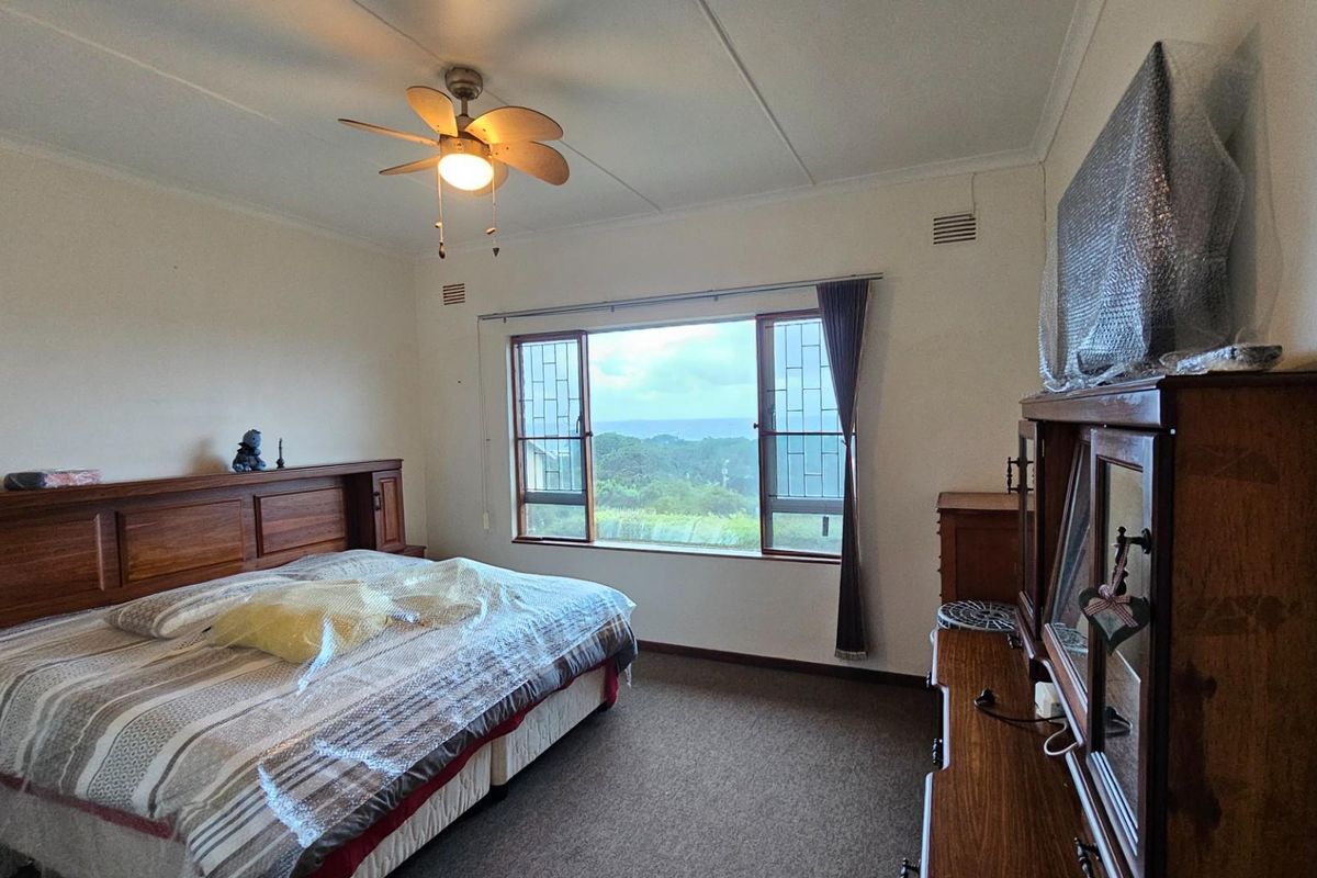 A spacious bedroom featuring a ceiling fan, large windows with scenic views, and carpeted flooring.