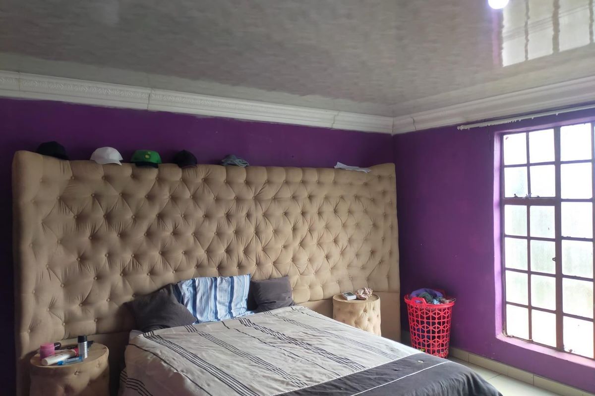 A bedroom featuring purple walls, a large tufted headboard, and a grid-pattern window, providing a functional sleeping space with basic finishes.