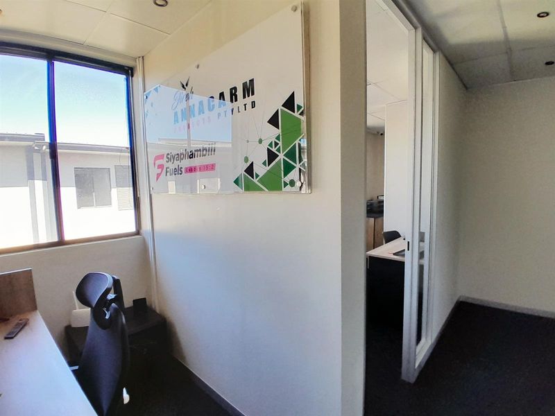 A professional office space featuring a glass partition door, suspended ceiling, and large windows providing natural light.