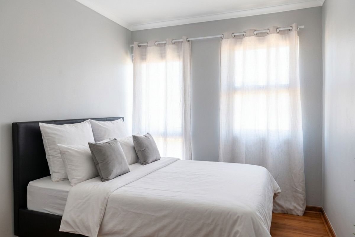 A bright and neutral bedroom featuring timber flooring, coved ceilings, and dual windows with fitted curtain rods.